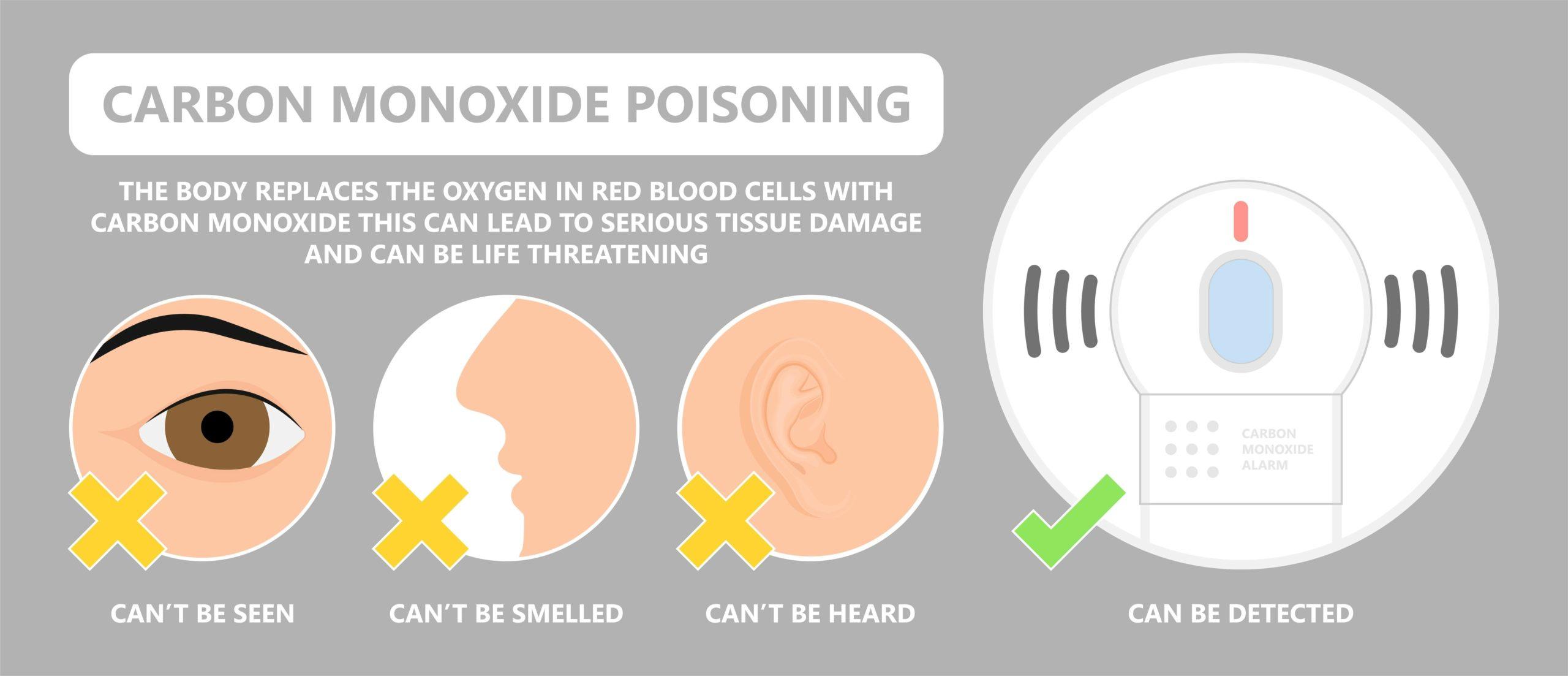 Infographic about carbon monoxide poisoning. It explains that carbon monoxide replaces oxygen in red blood cells, causing tissue damage and potentially death. Icons show it can’t be seen, smelled, or heard, but it can be detected with a carbon monoxide alarm.